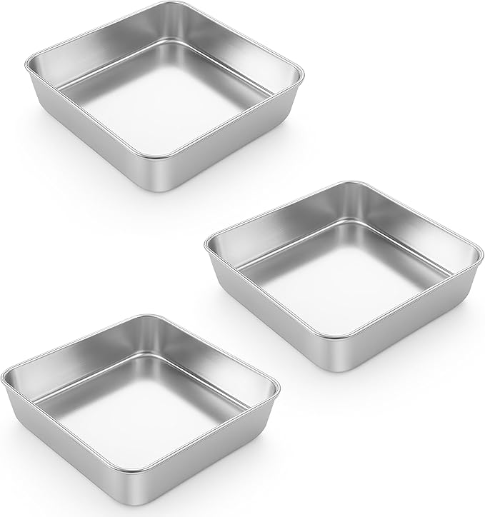 LIANYU 3 Pack 8 x 8 Inch Square Baking Cake Pan, Stainless Steel Brownie Bread Cake Molds, Square Bakeware for Lasagna Pie, Oven & Dishwasher Safe