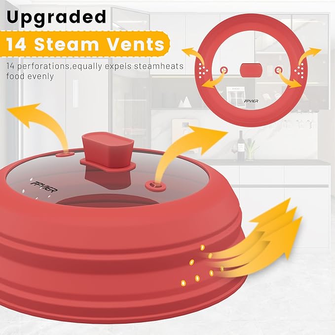 Microwave Splatter Cover, Vented Silicone and Glass Cover Splatter Guard Lid, Food Collapsible Plate Cover Lid with Easy Grip Handle. (Red, 10.8 inch)