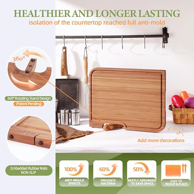 3-PCS Bamboo Cutting Board Set, Wood Cutting Board for Kitchen with Innovative Stand, Juice Groove & Handle, Double Sided for Chopping & Charcuterie Board, Kitchen Gift for Home Cooks, For Meat &Fruit