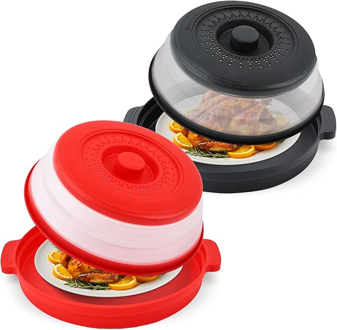 Microwave Food Splatter Cover & Anti-scald Base Mat,Large Plastic & Silicone Vented Avoid Scalding Collapsible Guard Lid, Plate Holder & Kitchen Colander for Meal Prep-10.7 Inch (2 Pcs BRed)