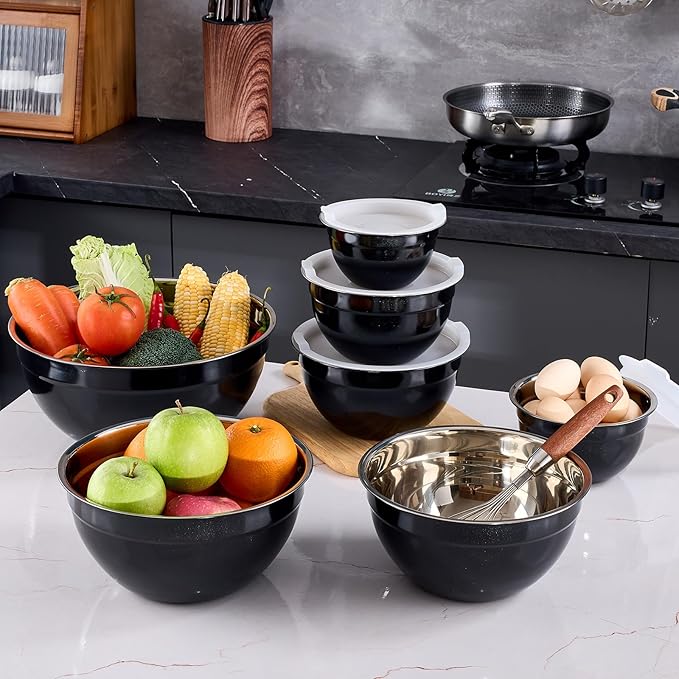 Black Mixing Bowls With Airtight Lids,Stainless Steel Bowl,Salad Bowls 7 Piece Colorful Nesting Bowl Black Kitchen Accessories,Size 7,3.6,2.7,2.1,1.5,1.1,0.8QT Stackable Design