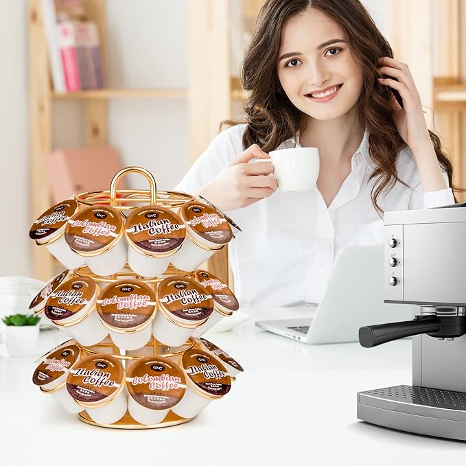 Coffee Pod Holder, K Cup Holders Carousel Organizer ,27 Coffee Pods Storage Compatible with K Cups, Spins 360-Degrees, Modern Gold Design ，Round,Shining Gold,3 Tier Home or Office Kitchen Counter Organizer