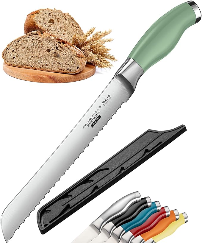 Orblue Serrated Bread Knife with Upgraded Stainless Steel Razor Sharp Wavy Edge Width - Bread Cutter Ideal for Slicing Homemade Bread, Bagels, Cake (8-Inch Blade with 5-Inch Handle) Green