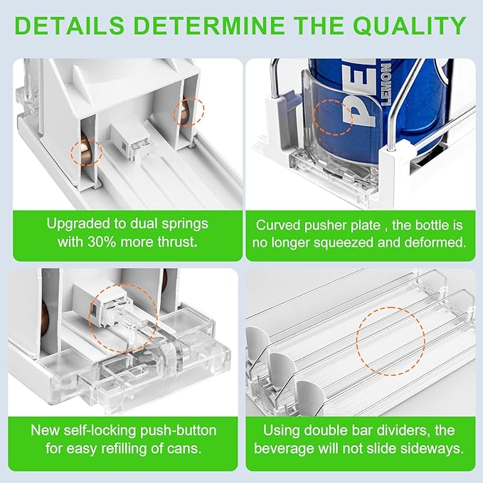 Upgraded Drink Organizer for Fridge, Space-Saving Fridge Drink Organizer, Automatic Pusher Glide and Adjustable Width Drink Dispenser for Fridge - Holds Up to 25 Cans (5 Rows White)