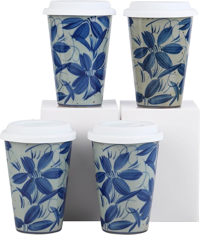 14 oz ceramics Handmade blue and white Retro Coke cups coffee tea set of 4 china Coffee Mugs for Tea, Milk,Dishwasher and Microwave Safe，Free gift soft silicone cover and gift box