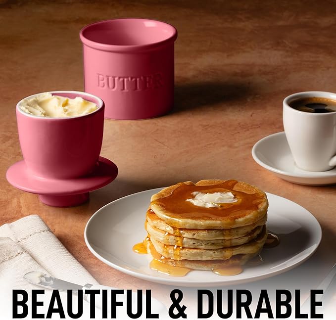 Zulay Kitchen Porcelain Butter Crock With Lid & Knife - Authentic French Butter Dish For Fresh & Spreadable Butter - Dragonfruit