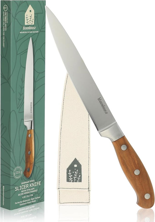 Bloomhouse 8 Inch German Steel Slicer Knife W/Italian Olive Wood Forged Handle