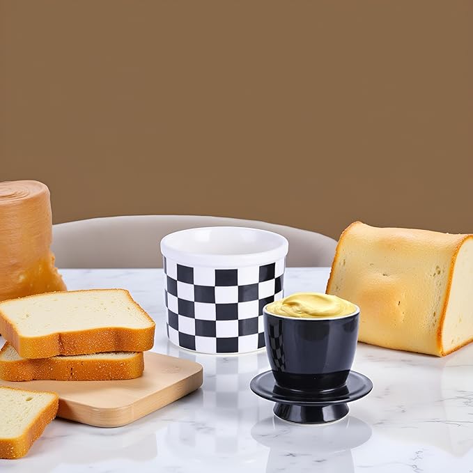 Checkered Butter Crock with Lid,Ceramic Butter Keeper for Countertop, Black And White French Butter Crock