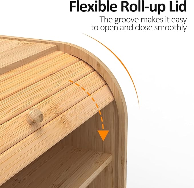 Bamboo Bread Box for Kitchen Countertop, Roll-top Breadbox Breads Storage Boxe with Adjustable Middle Shelf