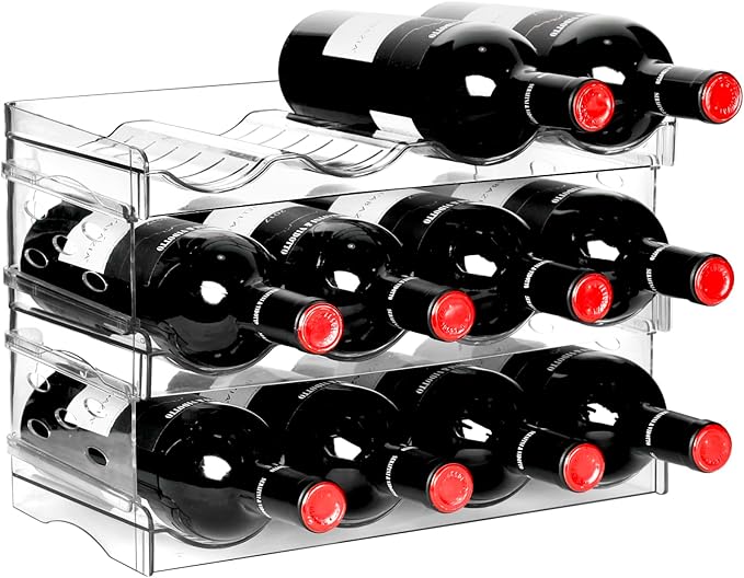 BoxedHome Plastic Water Bottle Organizer and Wine Rack Storage Holder for Inside Cabinet, Kitchen Countertop, Table Top, Pantry, Bars, Cabinets, Fridge - Clear (3 Tier 12 Containers)