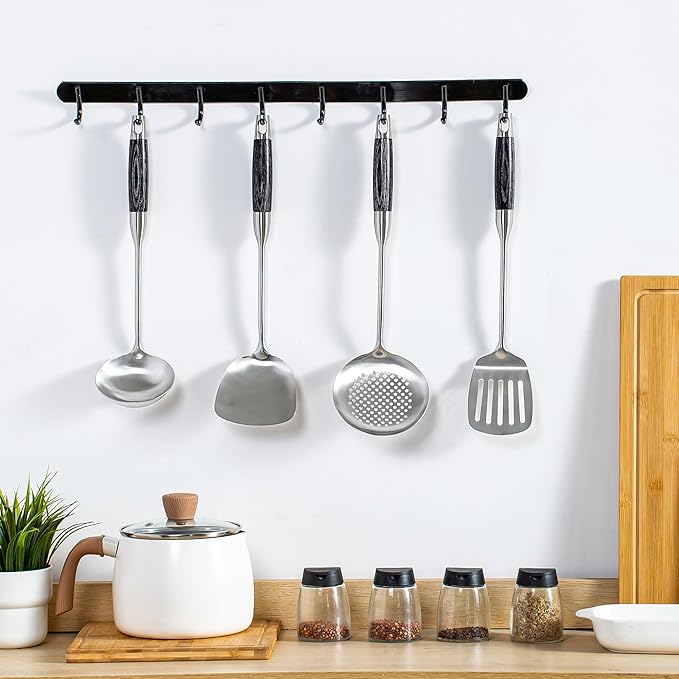 FJNATINH Wok Spatula Set Large Spatula Slotted Turner Soup Ladle Slotted Spoon for Cooking Utensils Set Long Wooden Handle Ladles Kitchen Metal Spatula Cooking Spoons,4PCS