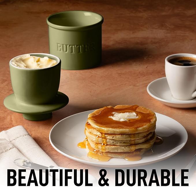 Zulay Kitchen Butter Crock With Lid & Spreader Knife for Countertop - Ceramic French Butter Dish Keeper For Fresh & Spreadable Butter - Cypress Green