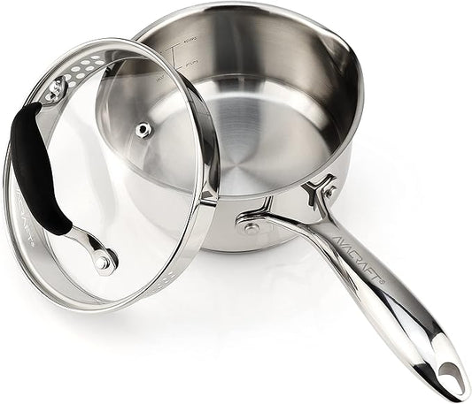 AVACRAFT Multipurpose Sauce Pan/Pot, Stainless Steel with Glass Strainer Lid, Two Side Spouts for Easy Pour with Ergonomic Handle (5-Ply Capsule Bottom, 1.5 Quart)