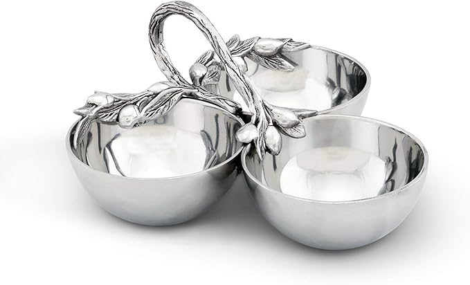 Arthur Court Sand-Cast Aluminum 3 Compartment Olive Pattern Condiment Serving Bowl 9 inch Diameter 4 inch Tall