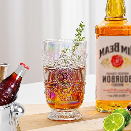 Sungmor Vintage Iridescent Tumblers - Set of 2 Embossed Glasses, 10.8 oz Decorative Drinking Cups for Water, Juice or Cocktails - Elegant Baroque Glassware for Party or Special Occasions