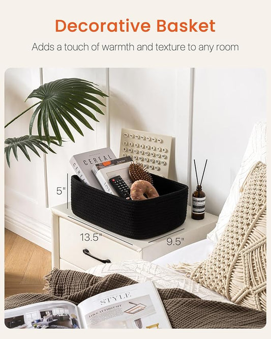 Small Woven Basket, 13.5 x 9.5 x 5 Inches, Storage Basket for Organizing, Cute Small Rope Shelf Closet Cube Storage Bins Baskets for Shelves, Dog Toy Gift Baskets Empty, 3 Packs, Black