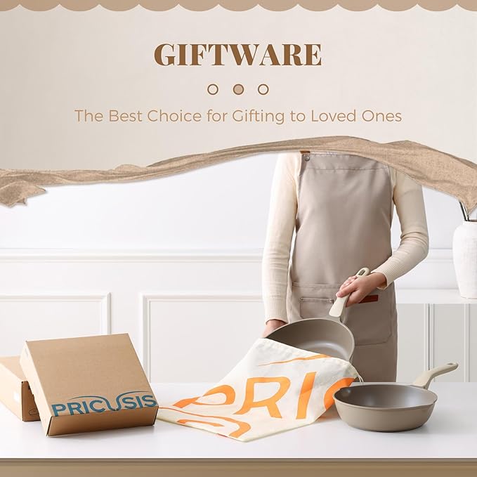 PRICUSIS Nonstick Frying Pan with Lid, Healthy Skillet, Egg Pan Nonstick Omelet Pan Chef's Pan, PFOA & PTFE Free, Induction Compatible (8Inch W/L Natural Linen)