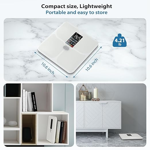 ABLEGRID Body Fat Scale,Digital Smart Bathroom Scale for Body Weight, Large Color Display Screen, 16 Body Composition Metrics BMI, Water Weigh, Heart Rate, Baby Mode, 400lb, Rechargeable (White)