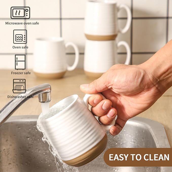 Large Ceramic Coffee Mugs Set - 15 OZ Porcelain Coffee Latte Cups Set of 4 with Handle Perfect for Cappuccino, Tea, Mocha, Hot or Cold Drinks, Unique Glaze Design for Home, Cafe and Coffee Bar, White