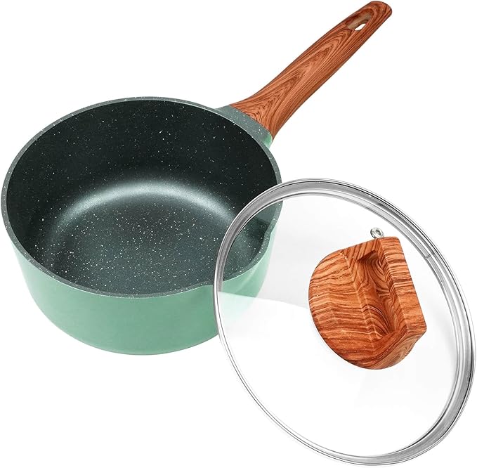 2 Quart Nonstick Saucepan with Lid, Non Stick Ceramic Saucepan Pot for Cooking with Pour Spout and Handle for Stove, Induction, Gas, Non Toxic, PFOA Free (Green with Black Inside, 1 PCS)