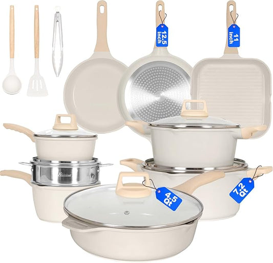Romswi 23pcs Pots and Pans Set Non Stick, Kitchen Cookware Set with Casserole, Frying & Saucepans, Oven Safe & Stovetop Agnostic Non Toxic Cookware(Gas, Electric & Induction) - White