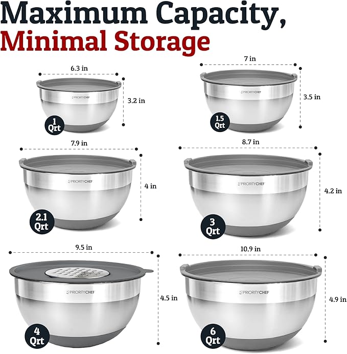 Priority Chef Stainless Steel Mixing Bowls with Lids Set - Premium 30Pcs with 6pc Metal Bowl Set for Kitchen, 3 Graters, Airtight Lids, Non-Slip Bases & Silicone Utensils, Grey