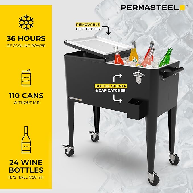 Permasteel 80 Quart Party Cooler, Rolling Ice Chest with Wheels and Handles for Indoor Outdoor Patio