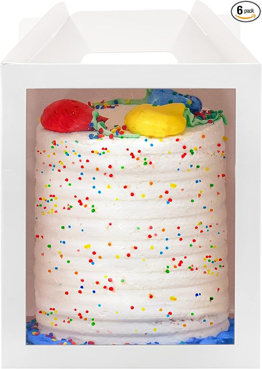 6-pack 10x10x12 inch Cake Boxes with Clear Window and Handle. Perfect as Tall Cake Carrier, Cake Transport Container, Tall Cake Boxes for Tier Cakes, Wedding Cakes, Large Cakes