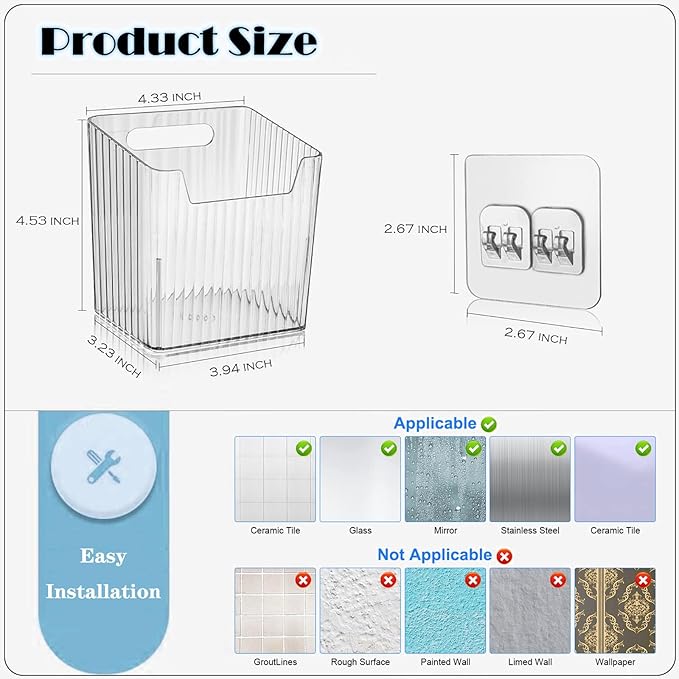 4 Pack Wall Organizers and Storage - Clear Acrylic Cabinet Door Organizer Bins, Adhesive Remote Control Holder, Space-Saving Stackable Wall Storage for Bathroom, Kitchen, Pantry, RV, Dorm, Office