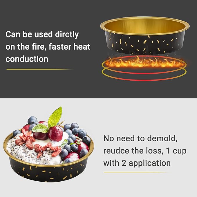 Beasea Mini Aluminum Pie Pans, 50 Pack with Lids, 8 Oz Black Gold Cartoon Tart Pans for Pie, Tart, Quiche