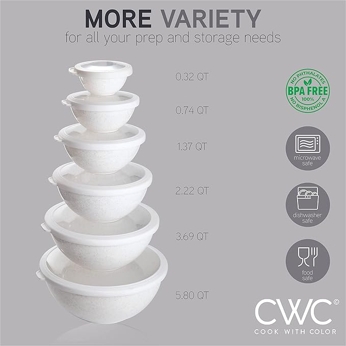 COOK WITH COLOR Mixing Bowls with TPR Lids - 12 Piece Plastic Nesting Bowls Set includes 6 Prep Bowls and 6 Lids, Microwave Safe Mixing Bowl Set (Speckled White)
