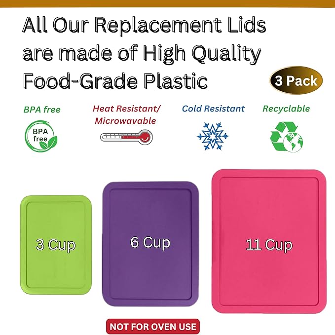 3, 6 & 11 Cup Spring Green, Purple, Pink Replacement Lids/Covers for Pyrex, Anchor Hocking & KlareWare Storage Bowls *Lids Only Glass Container Not Included* (3 Pack *One of Each Size*)