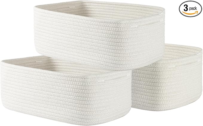 Small Woven Basket, 13.5 x 9.5 x 5 Inches, Storage Basket for Organizing, Cute Small Rope Shelf Closet Cube Storage Bins Baskets for Shelves, Dog Toy Gift Baskets Empty, 3 Packs, Off White