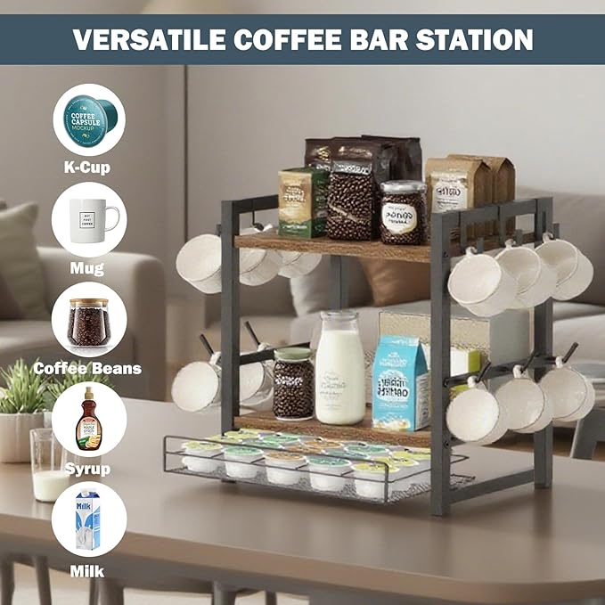 Coffee Bar Organizer,3 Tier K Cup Holder for Counter,Coffee Pod Drawer Holder with 12 Mug Hooks,K Cup Drawer Organizer for Syrup,Tea,Bean,Coffe Bar Accessories for Kitchen&Home Office
