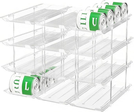 Can Organizer For Pantry,3 Sets 4 Tiers Pantry Organizers And Storage, Pantry Organizer for Fridge 36 Standard and Tall Cans Rack Automatic Rolling Stackable Canned Food Organizer, Clear