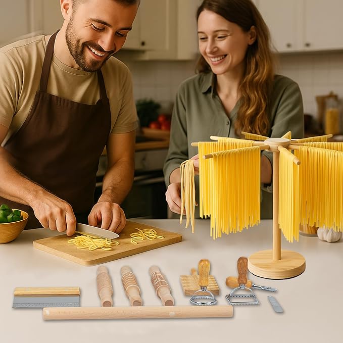 3 Size Pasta Making Tools, 11Pcs Wooden Pasta Making Kit with 3 Size Threaded Rolling Pins, Long Rolling Pin, Rotatable Pasta Drying Rack, Gnocchi Board, Dough Cutter, Wheel Cutter, 2 Stamps