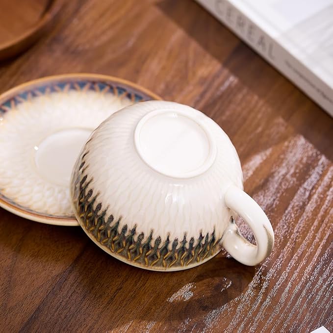 Vintage Design 12 oz Ceramic Latte Art Cappuccino Barista Cup with Saucer (Embossed Vintage)