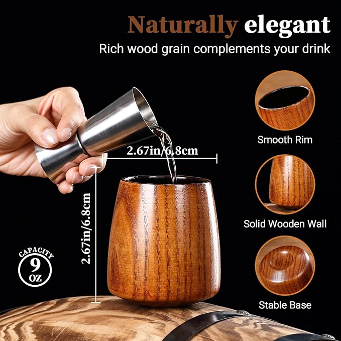 Charred Wooden Whiskey Glass – Handcrafted Bourbon Tumbler with Charred Interior | Old Fashioned Whiskey Glass for Bourbon Lovers | Unique Christmas Whiskey Gifts for Men, Dad, Husband (4Pcs)