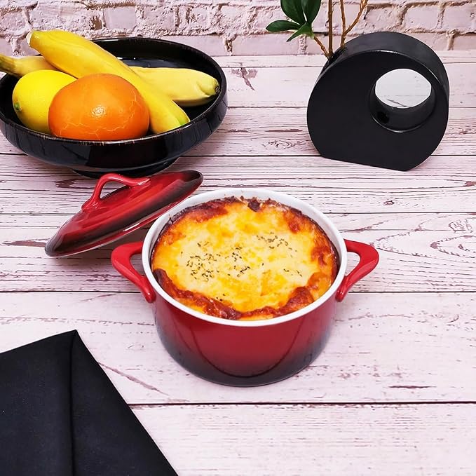 Ceramic Mini Cocotte Set, 17.7 Ounces Small Casserole Dishes with Lids and Handles, Individual Baking Ramekins, Oven, Microwave & Dishwasher Safe (Inner white outer gradient Red glaze)