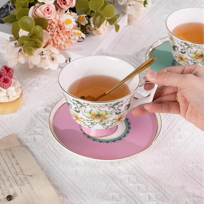 KAMMAK Ceramic Tea Cup and Saucer Set with Gold Trim, Floral Lotus & Scroll Pattern, 240ml Elegant Bone China Coffee Cup Set in Mint Green & Pink for Afternoon Tea, Gift for Women