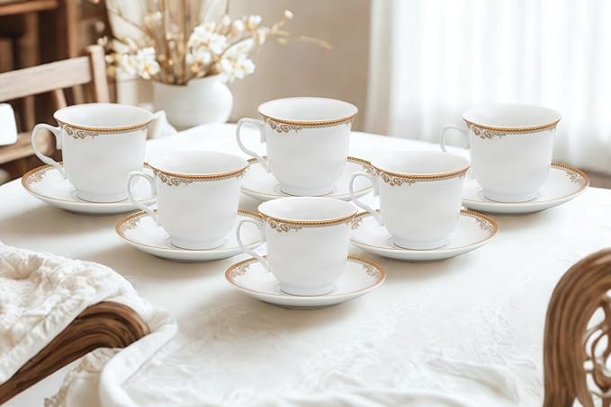 Porcelain Tea Set, 12 Piece - Elegant White with Gold Floral Edge Design - 5.5 Inch Saucers, 6.5 oz Cups - For Adults Tea Party or Everyday Dinnerware (Floral Gold)