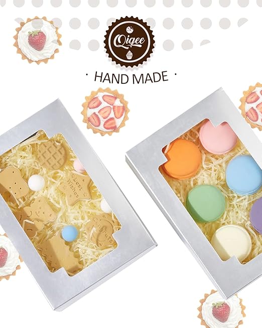 qiqee Silver Cookie Boxes for Gift Giving 8x5.3x2 inch 24Packs Silver Treat Box with Window Bakery Box for Donuts Candies and Biscuit