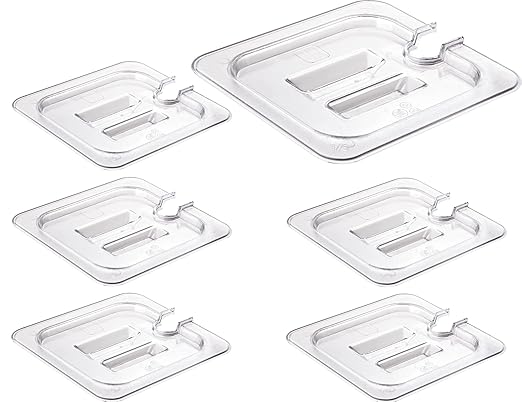 CURTA 6 Pack Food Pan Lids, 1/6 Size Polycarbonate Notched Cover with Handle, Plastic Clear