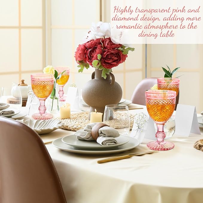 Bokon 12 Pack Pink Glass Goblets Set 10 oz High Clear Wine Glass Vintage Water Goblets Cups Embossed Diamond Design Glassware with Stem for Drinking Juice Liquor Party Wedding Bar