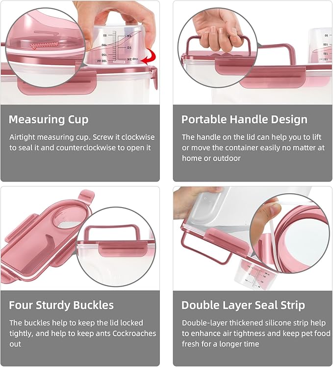2Pack Cat Dog Food Storage Container with Upgraded Large Nozzle BPA-free, 3+5lbs Plastic Pet Food Containers with 4 Sealed Clasps/1 Measuring Cup/Handle Easy to Clean and Carry (Clear Pink)