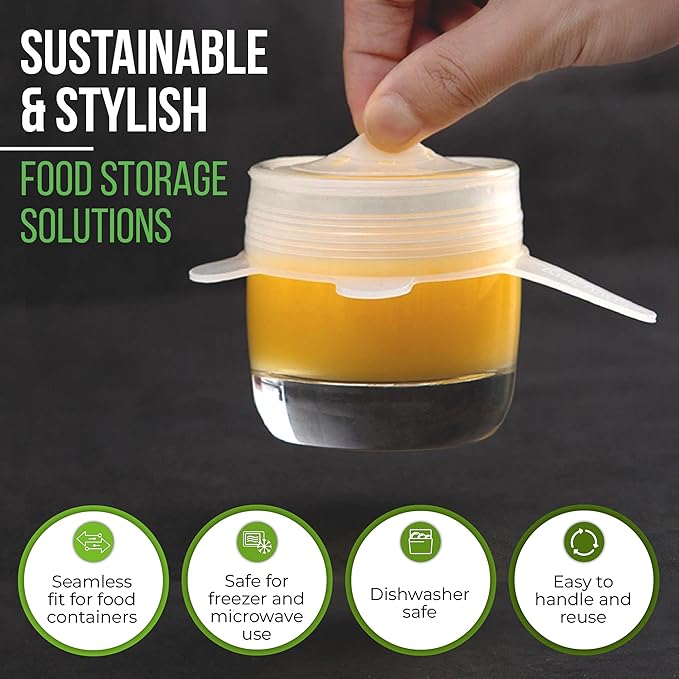 Reusable Silicone Stretch Lids for Food Storage in Fridge - Elastic Heat-Resistant Bowl Covers, Cups, Cans, Jars - Universal Food Grade Lid for Round and Rectangle Containers - Dishwasher Safe -7 Pack