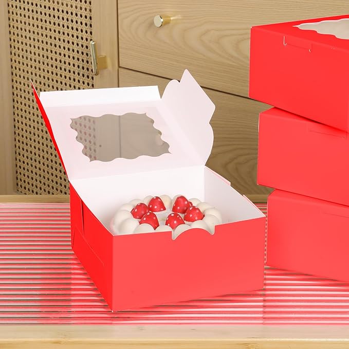 36 pcs 6x6x3 Inches Small Cake Box with Window, Bakery Pastry Cookie Boxes, Mini Pie for Pastry,Dessert,Strawberries,Chocolates, Cupcakes with paper stickers (Red)