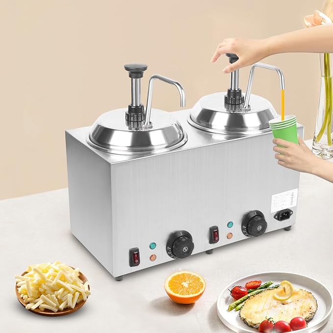 1600W Double Sauce Warmer,Cheese Dispenser with 2 Pumps,2 * 2.5L Electric Nacho Cheese Sauce Warmer 32°-230°F Jam Heat Preservation Machine for Cheese,Hot Fudge,Caramel