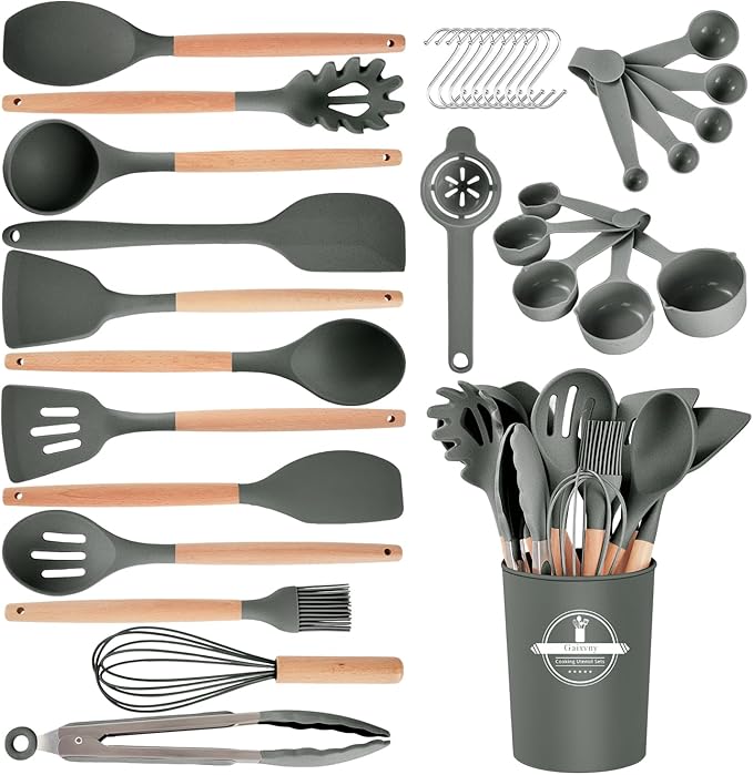 Kitchen Utensils Set - 34 PCS Non-Stick Silicone Cooking Utensils Set with Wooden Handle,Kitchen Gadgets Tools Set for Nonstick Cookware (Gray-34P)