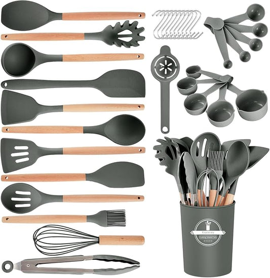 Kitchen Utensils Set - 34 PCS Non-Stick Silicone Cooking Utensils Set with Wooden Handle,Kitchen Gadgets Tools Set for Nonstick Cookware (Gray-34P)